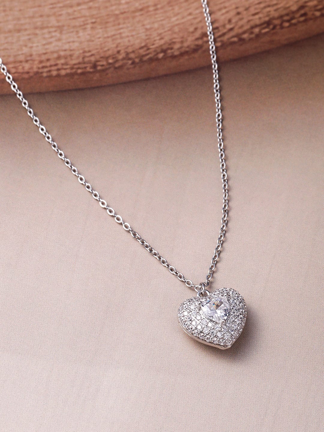 Rhodium Plated CZ Studded Heart Shape Pendant Necklace Set