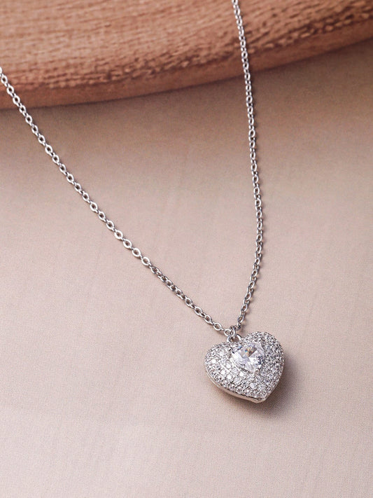 Rhodium Plated CZ Studded Heart Shape Pendant Necklace Set