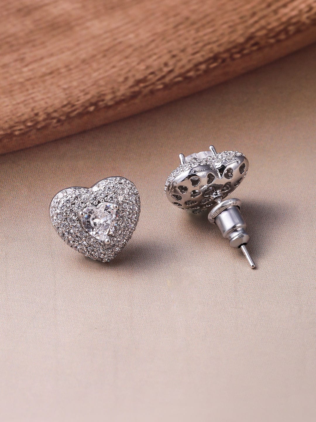 Rhodium Plated CZ Studded Heart Shape Pendant Necklace Set