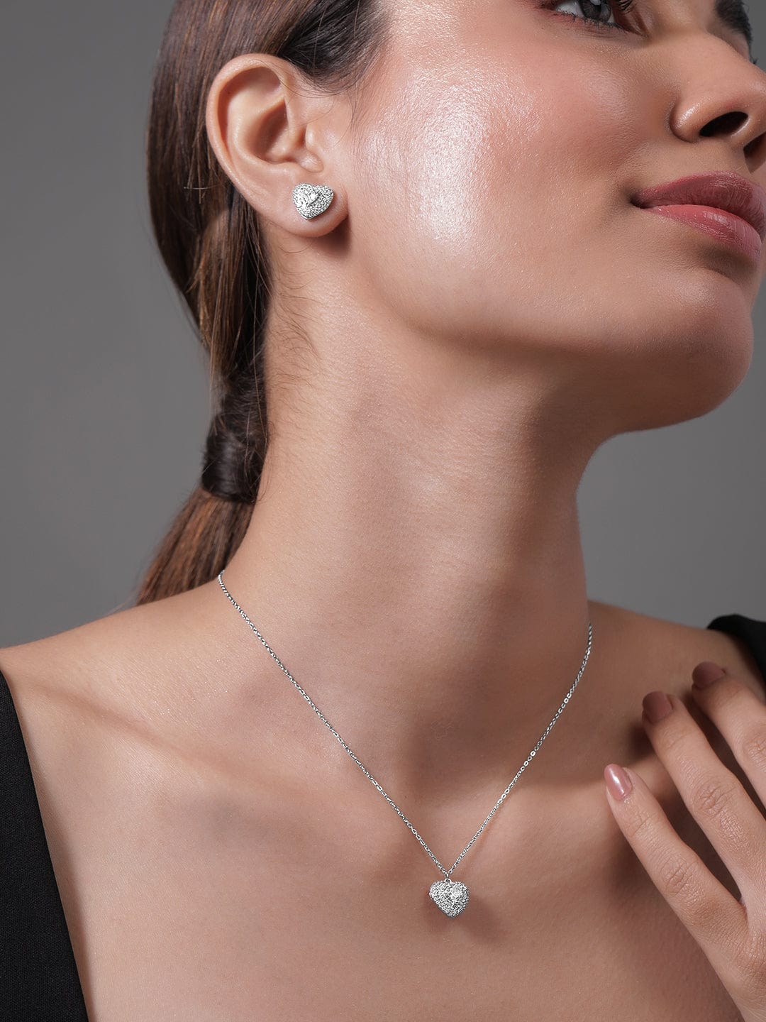 Rhodium Plated CZ Studded Heart Shape Pendant Necklace Set