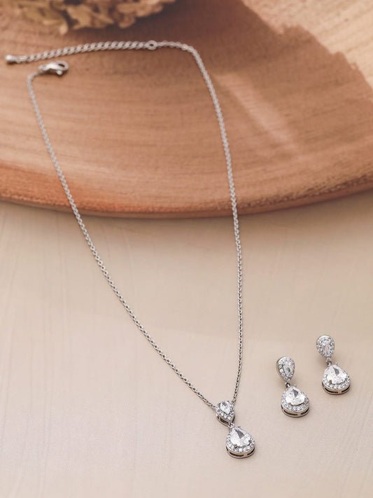 Rhodium Plated CZ Studded Teardrop Necklace Set