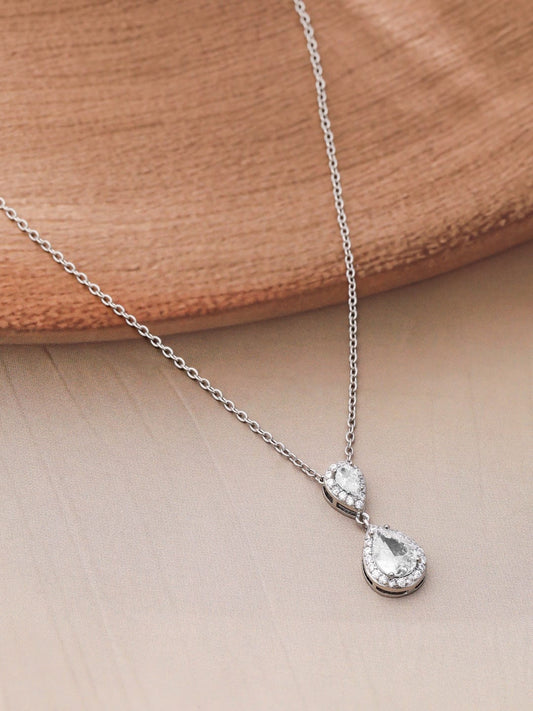 Rhodium Plated CZ Studded Teardrop Necklace Set