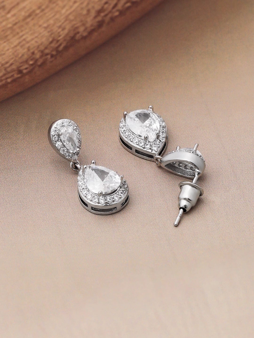 Rhodium Plated CZ Studded Teardrop Necklace Set