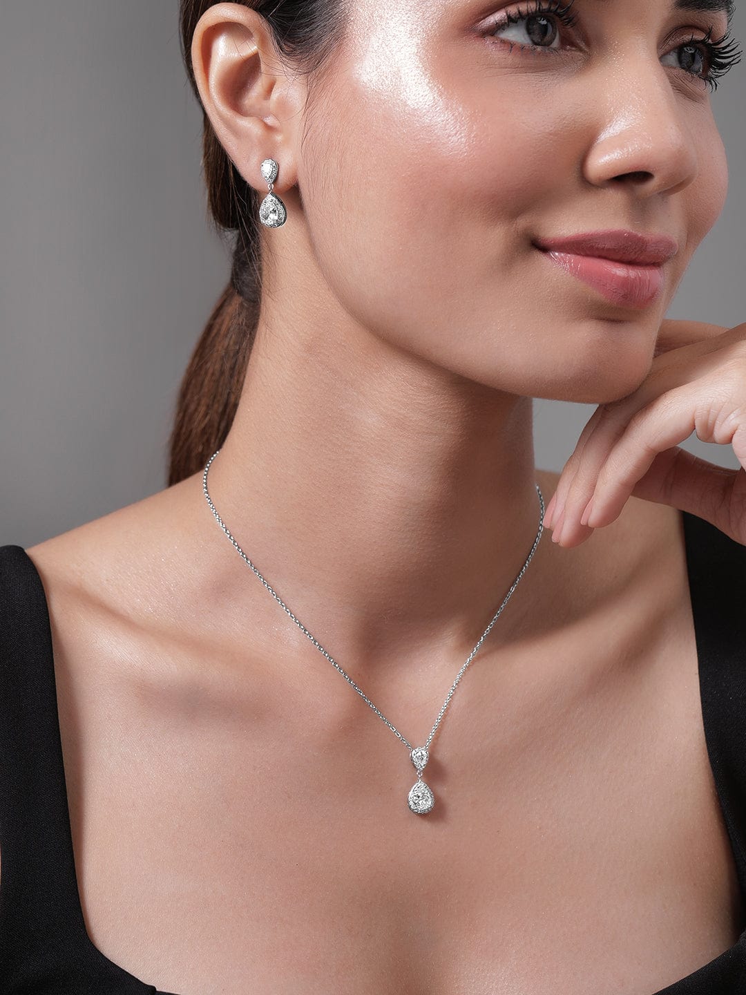 Rhodium Plated CZ Studded Teardrop Necklace Set