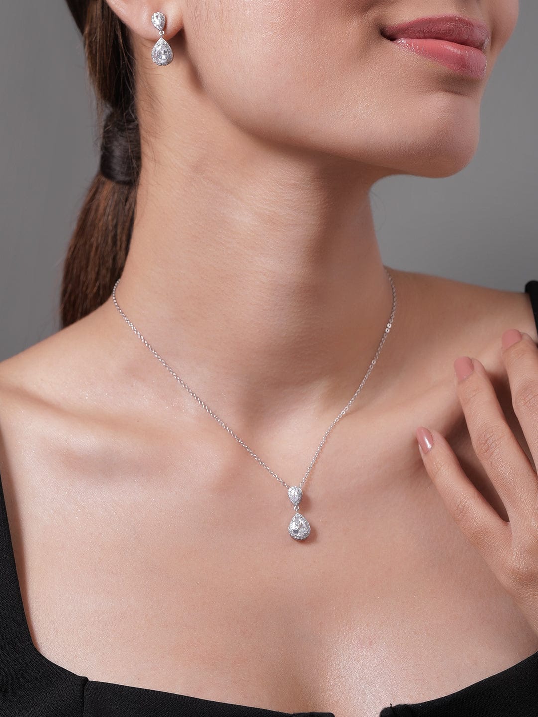 Rhodium Plated CZ Studded Teardrop Necklace Set