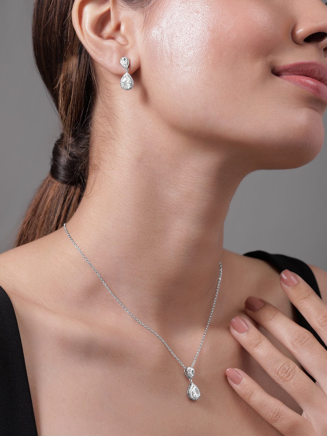 Rhodium Plated CZ Studded Teardrop Necklace Set
