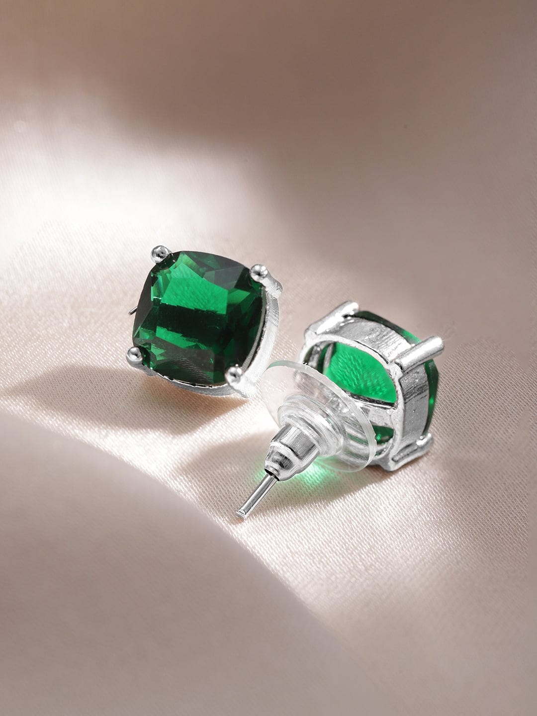 Rhodium-Plated Emerald & CZ Studded Pendant Necklace Set
