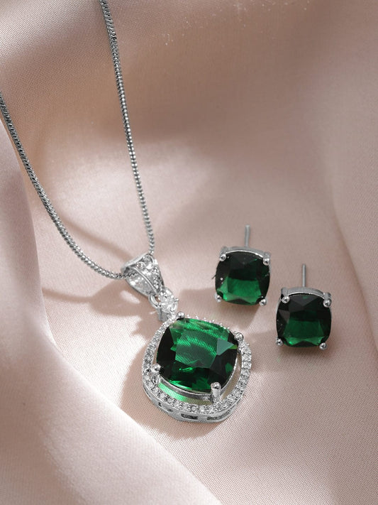 Rhodium-Plated Emerald & CZ Studded Pendant Necklace Set