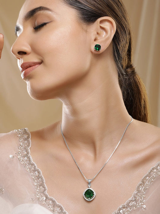 Rhodium-Plated Emerald & CZ Studded Pendant Necklace Set