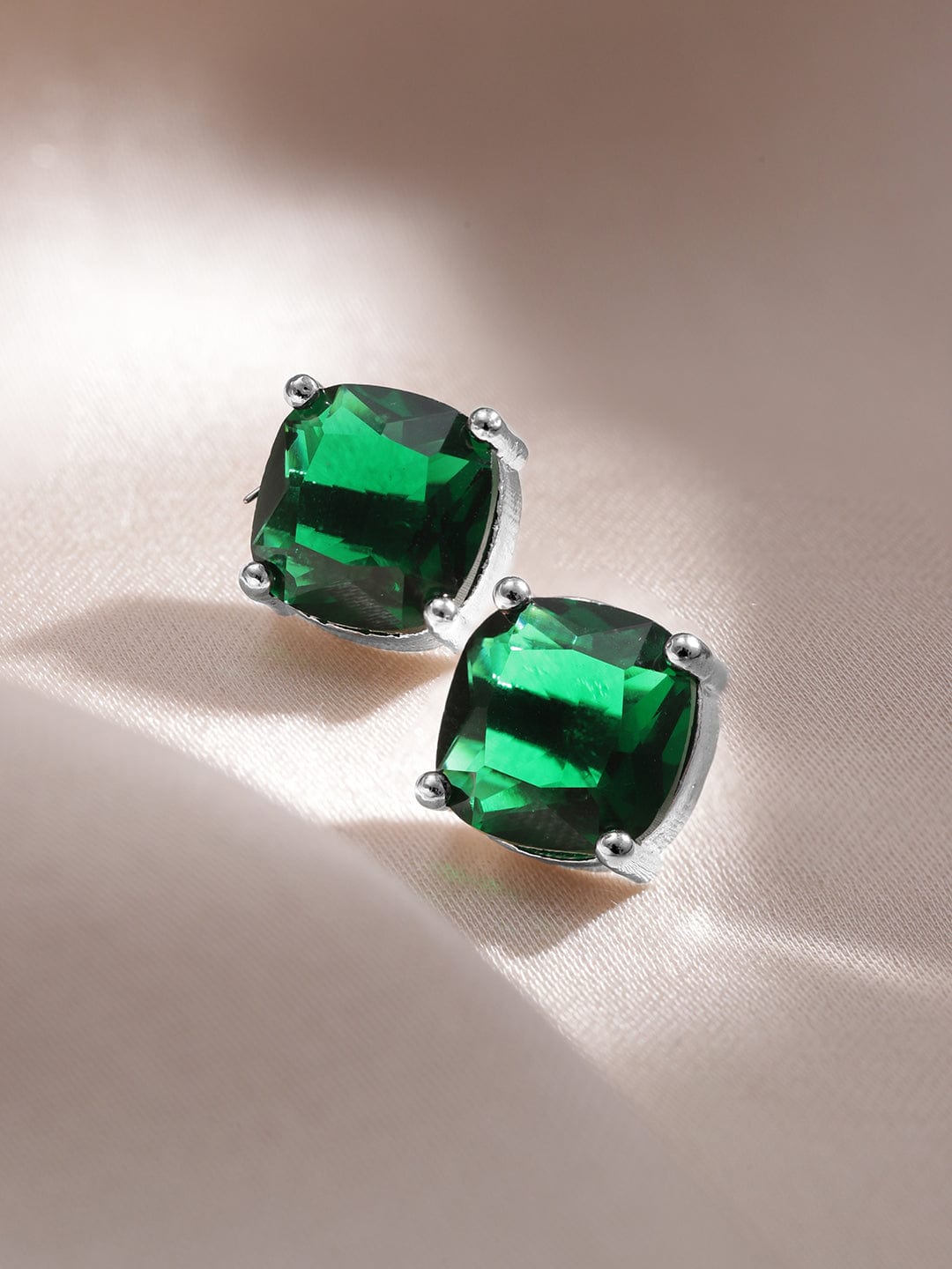 Rhodium-Plated Emerald & CZ Studded Pendant Necklace Set