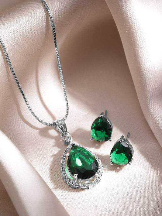 Rhodium-Plated Emerald & CZ Studded Premium Pendant Necklace Set