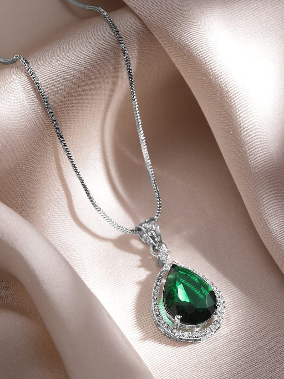 Rhodium-Plated Emerald & CZ Studded Premium Pendant Necklace Set