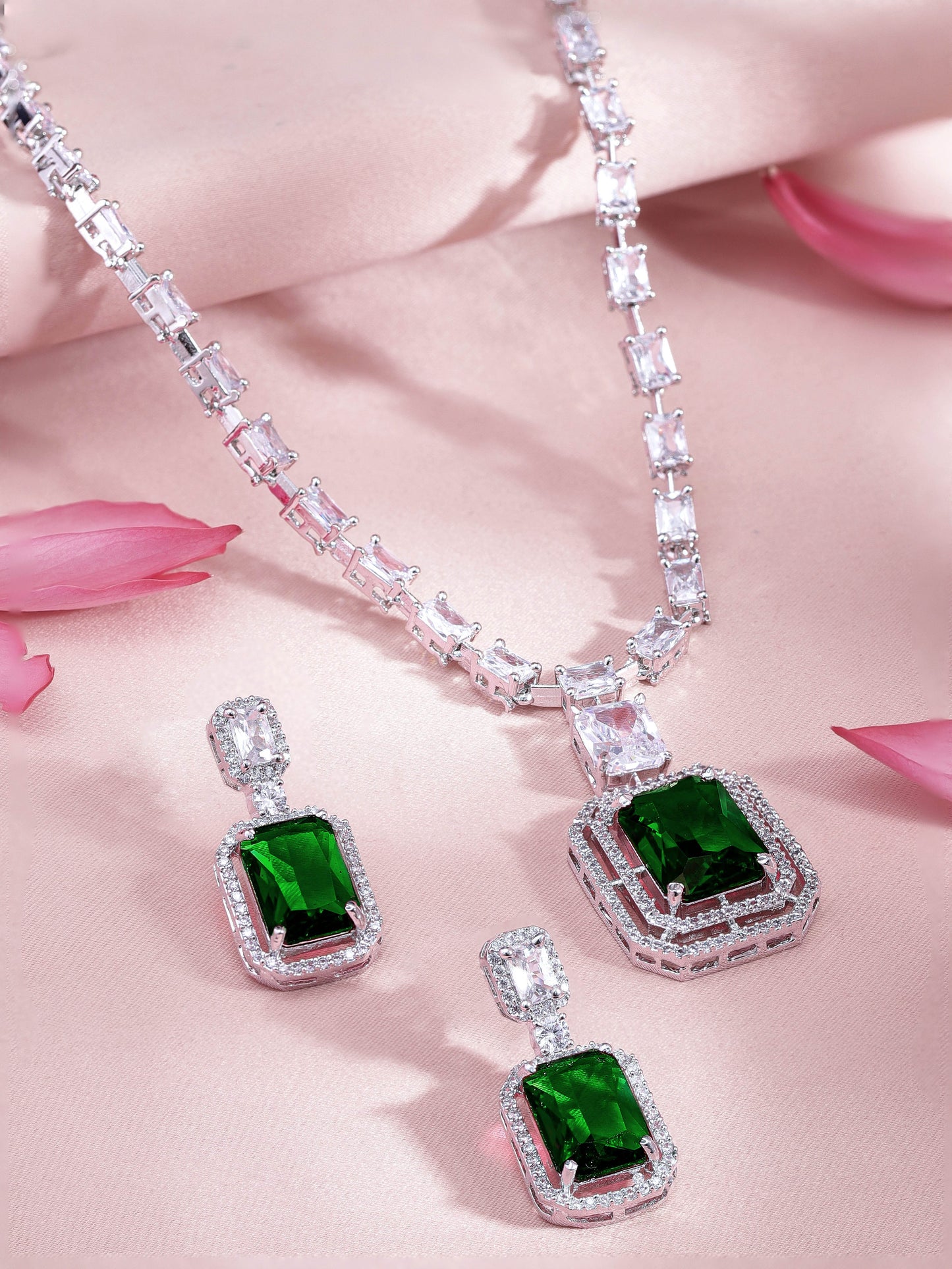 Rubans Rhodium-Plated Emerald Green & Cubic Zirconia Studded Luxury Statement Necklace Set