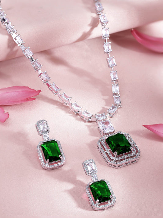 Rubans Rhodium-Plated Emerald Green & Cubic Zirconia Studded Luxury Statement Necklace Set