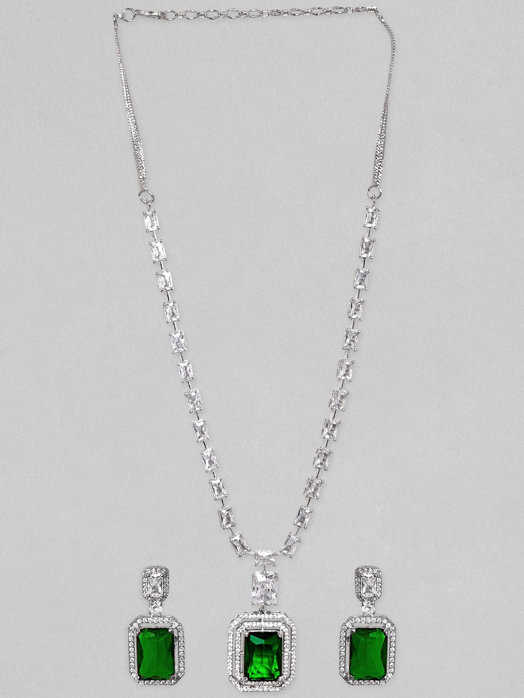 Rubans Rhodium-Plated Emerald Green & Cubic Zirconia Studded Luxury Statement Necklace Set