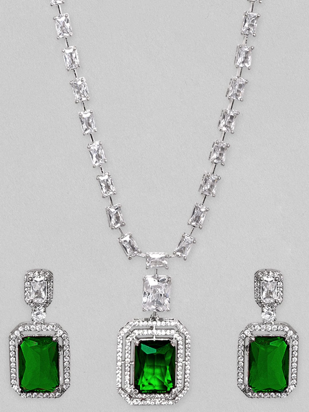 Rubans Rhodium-Plated Emerald Green & Cubic Zirconia Studded Luxury Statement Necklace Set