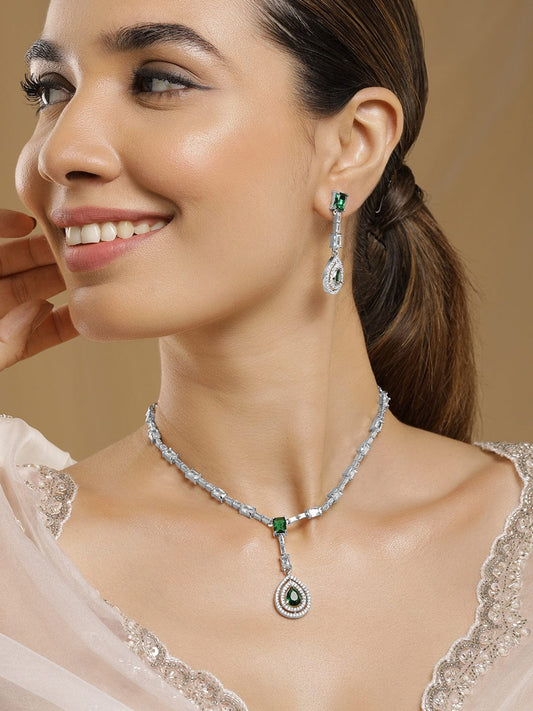 Rhodium Plated Emerald Teardrop Pendant Necklace Set with AD & Cubic Zirconia Studded