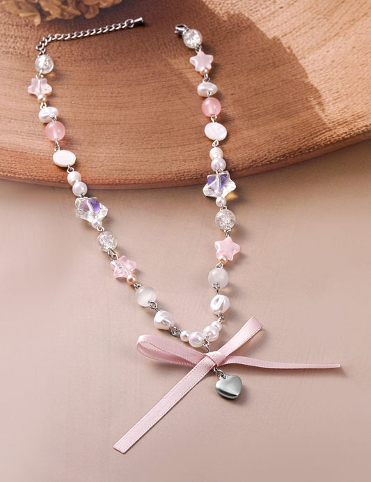 Rhodium Plated Multicolor Beaded Necklace with Heart Pendant and Pink Ribbon Bow