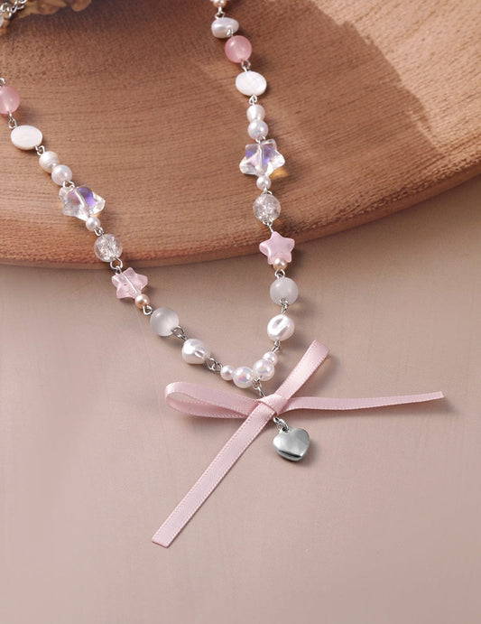 Rhodium Plated Multicolor Beaded Necklace with Heart Pendant and Pink Ribbon Bow