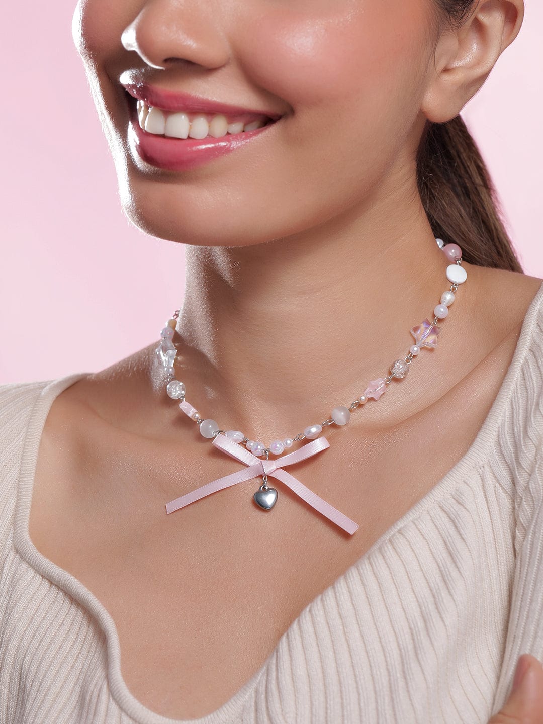 Rhodium Plated Multicolor Beaded Necklace with Heart Pendant and Pink Ribbon Bow