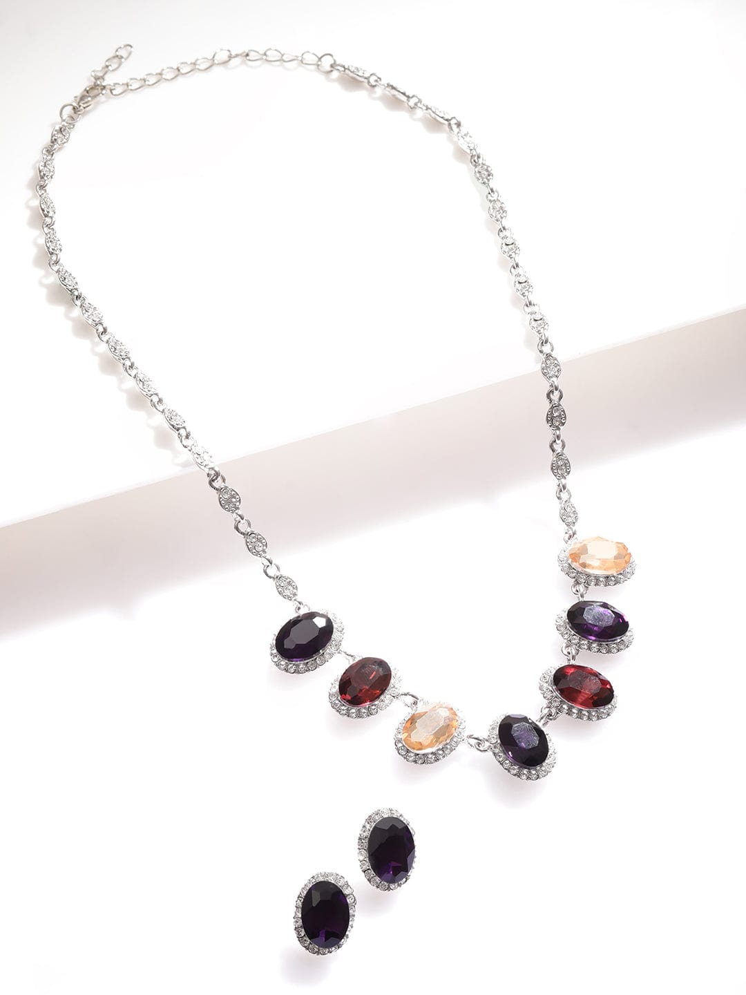 Rubans Rhodium-Plated Multihued Zirconia Embellished Flowerlet Necklace set