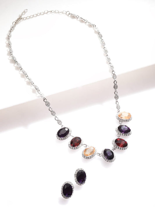 Rubans Rhodium-Plated Multihued Zirconia Embellished Flowerlet Necklace set
