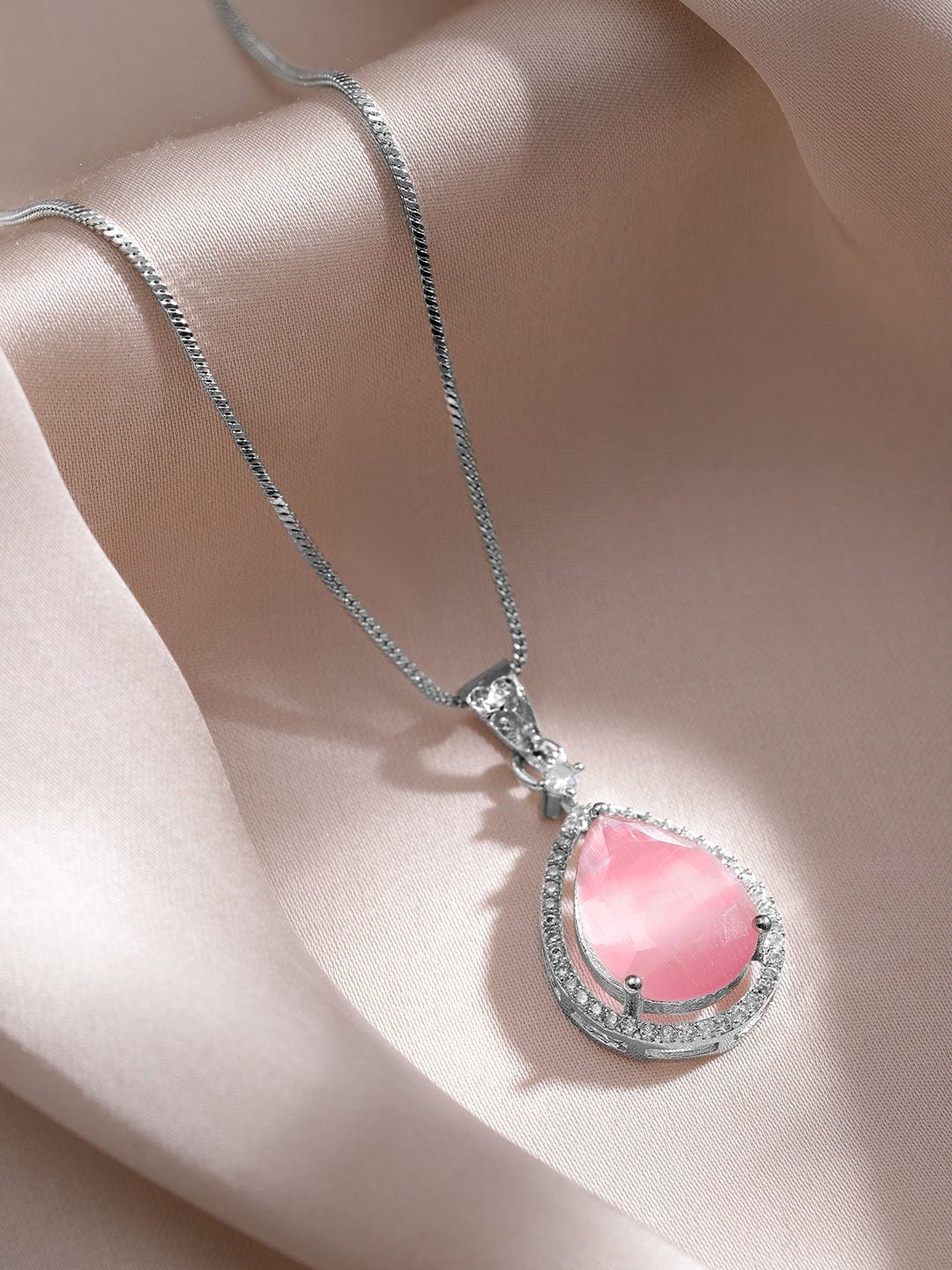 Rhodium-Plated Necklace Set with Pastel Pink Stone and CZ Accents