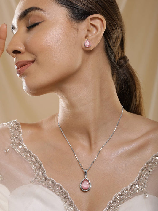 Rhodium-Plated Necklace Set with Pastel Pink Stone and CZ Accents