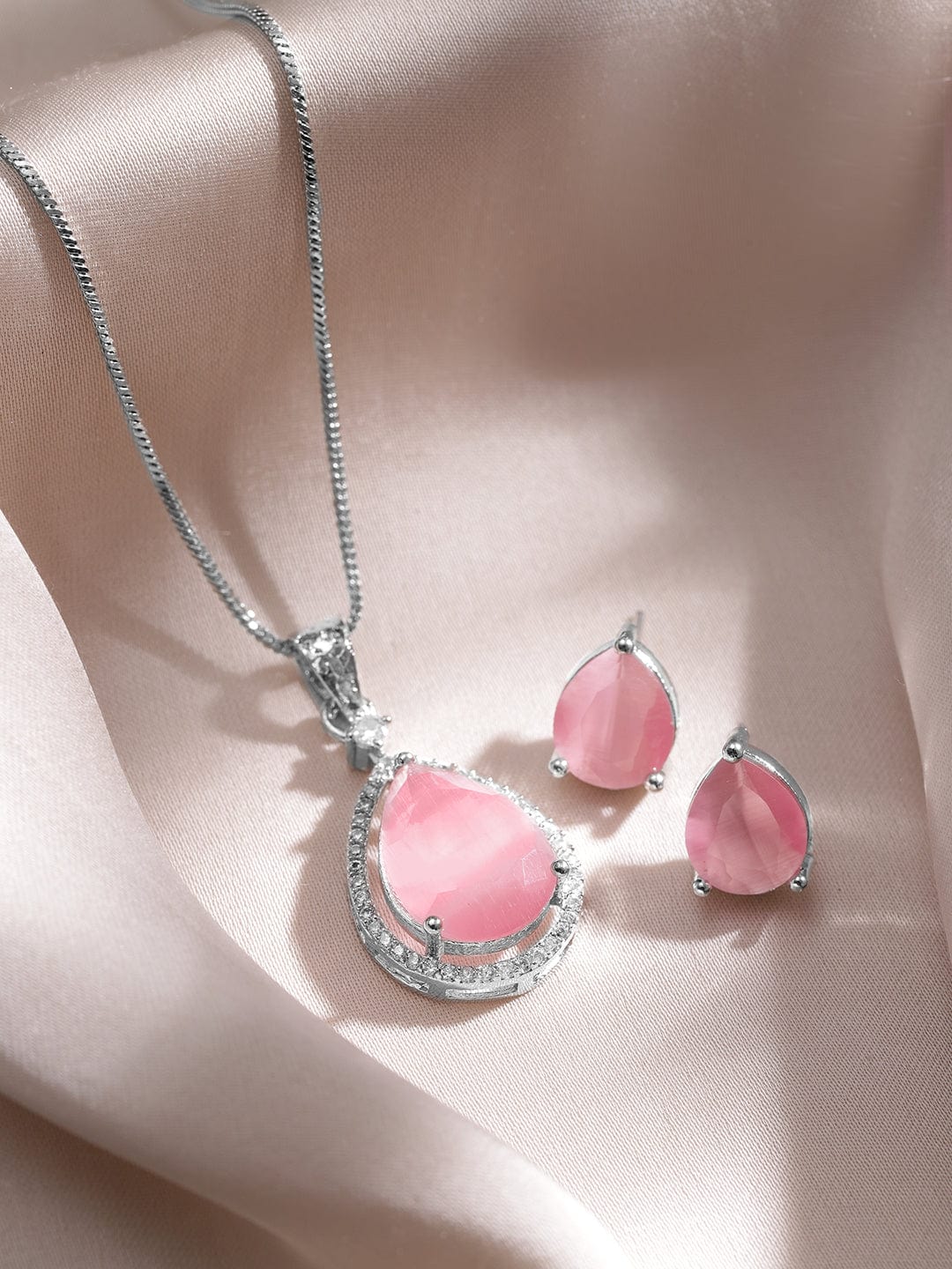 Rhodium-Plated Necklace Set with Pastel Pink Stone and CZ Accents