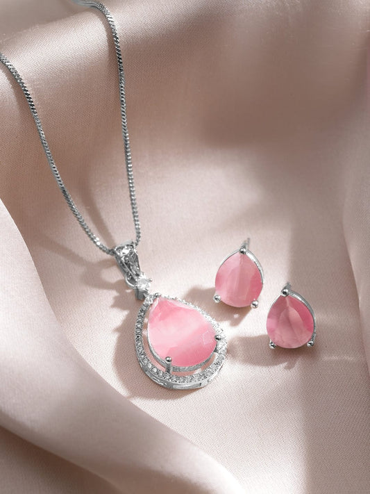 Rhodium-Plated Necklace Set with Pastel Pink Stone and CZ Accents