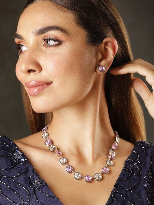 Rhodium Plated Pink & White Cubic Zirconia Studded Statement Necklace Set