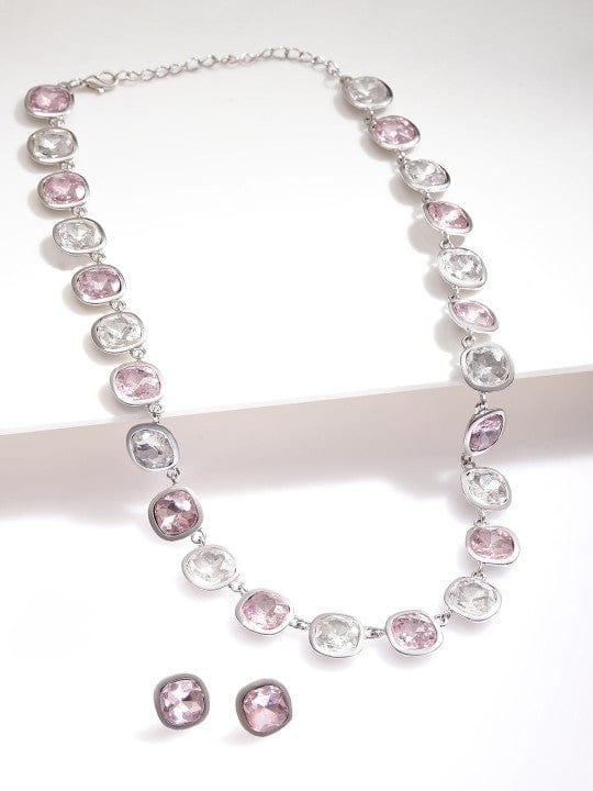 Rhodium Plated Pink & White Cubic Zirconia Studded Statement Necklace Set