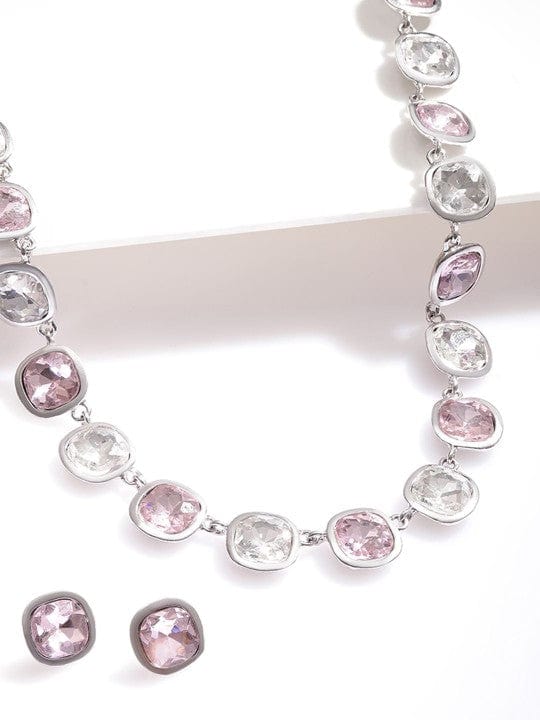Rhodium Plated Pink & White Cubic Zirconia Studded Statement Necklace Set