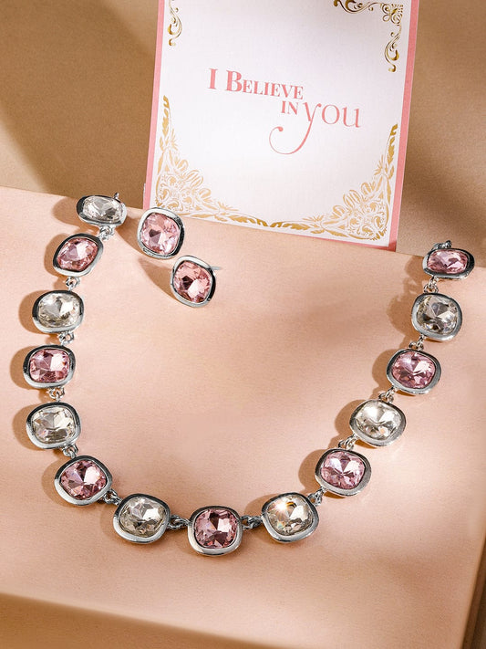Rhodium Plated Pink & White Cubic Zirconia Studded Statement Necklace Set