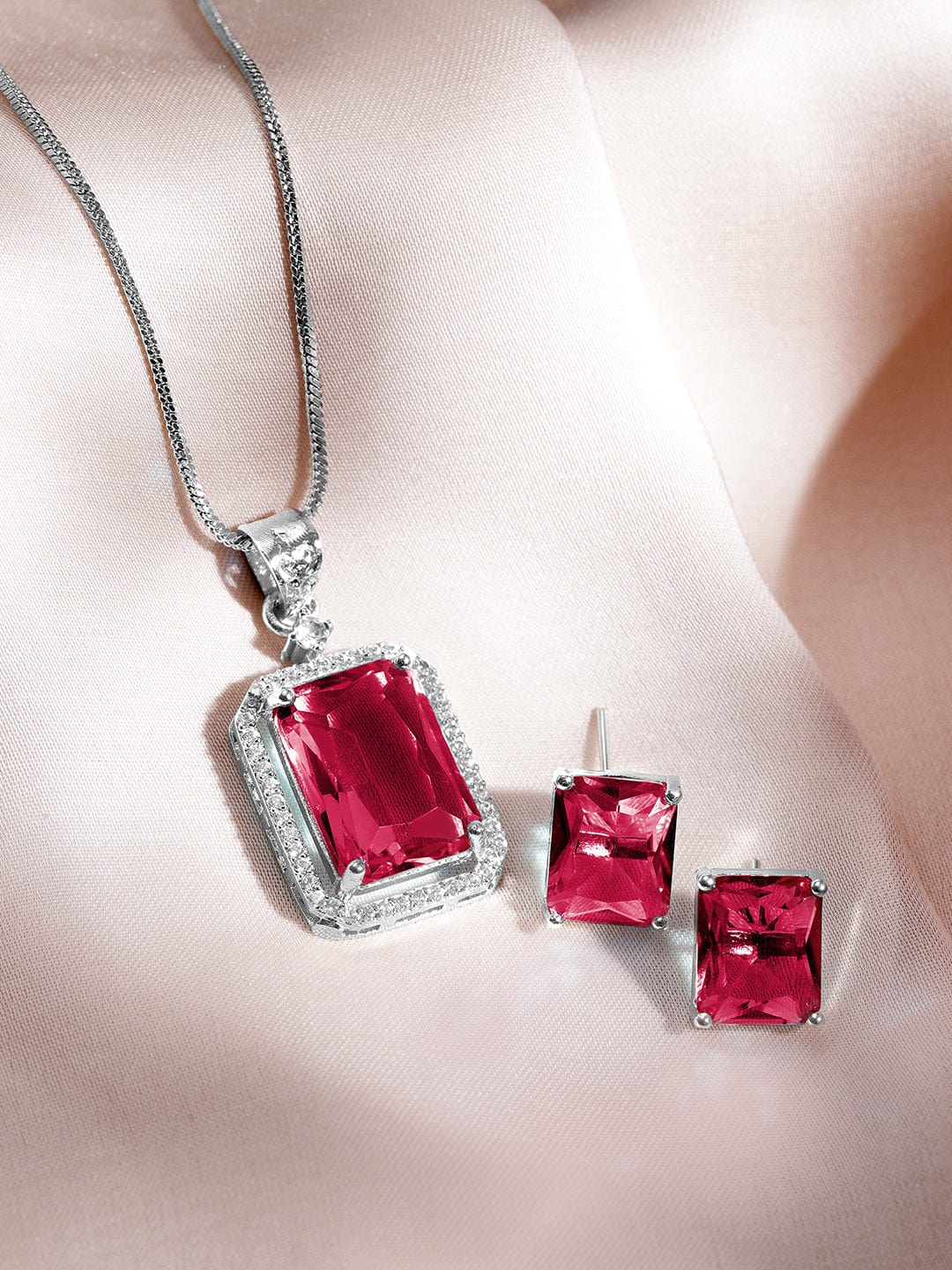 Rhodium-Plated Ruby & CZ Studded Pendant Necklace Set