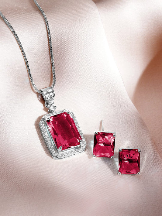 Rhodium-Plated Ruby & CZ Studded Pendant Necklace Set