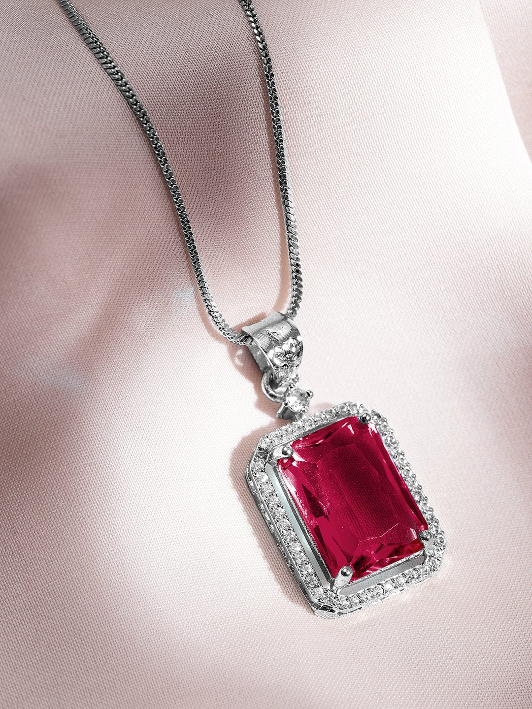 Rhodium-Plated Ruby & CZ Studded Pendant Necklace Set