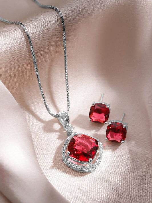 Rhodium-Plated Ruby & CZ Studded Pendant Necklace Set