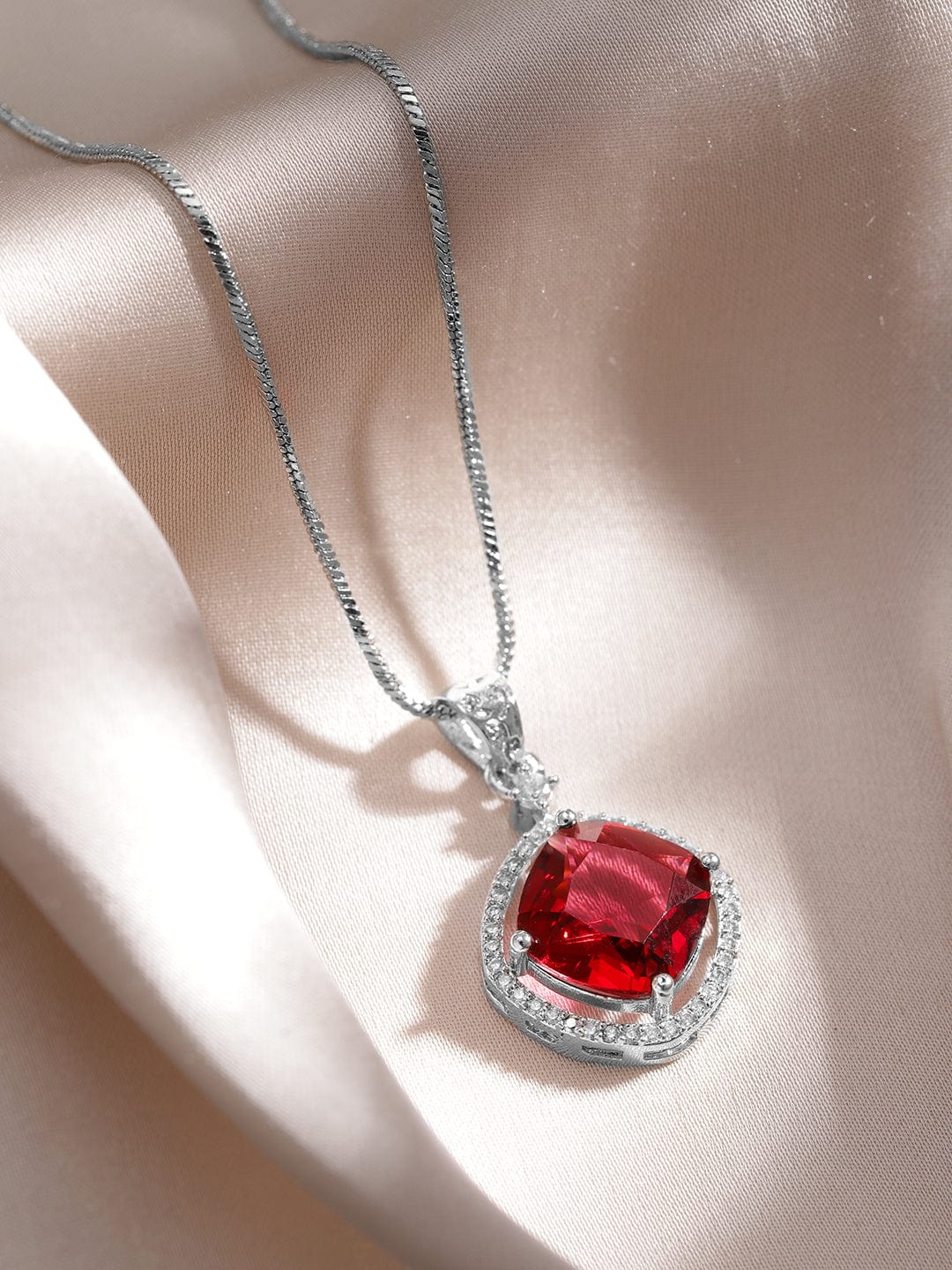 Rhodium-Plated Ruby & CZ Studded Pendant Necklace Set