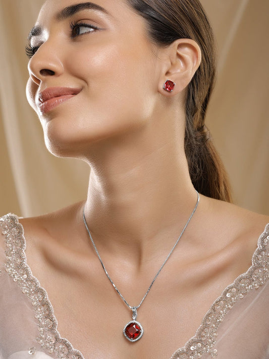 Rhodium-Plated Ruby & CZ Studded Pendant Necklace Set