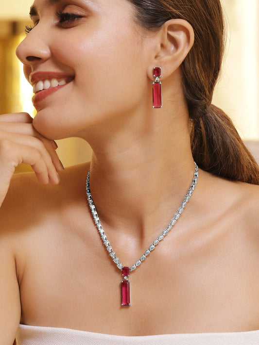 Rhodium-Plated Ruby Red and White Cubic Zirconia Studded Statement Necklace Set