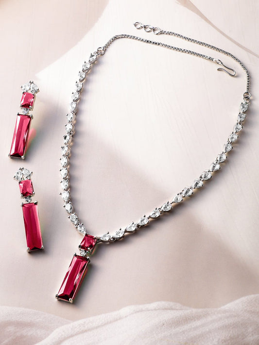 Rhodium-Plated Ruby Red and White Cubic Zirconia Studded Statement Necklace Set