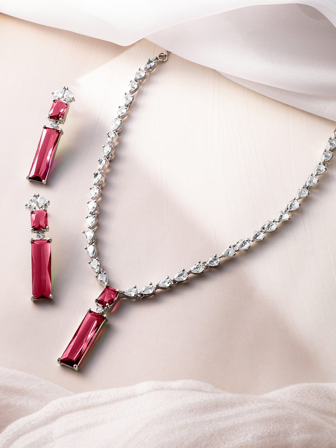 Rhodium-Plated Ruby Red and White Cubic Zirconia Studded Statement Necklace Set