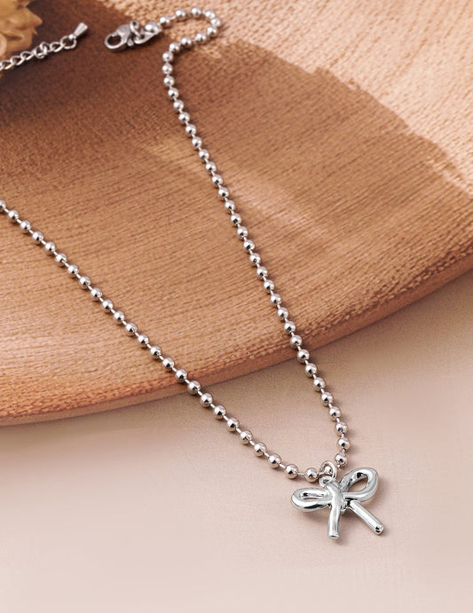 Rubans Rhodium Plated Silver Beaded Chain Necklace with Minimalist Bow Pendant