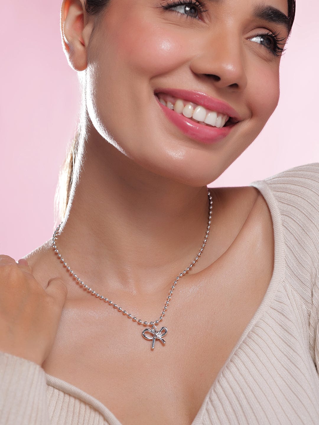 Rubans Rhodium Plated Silver Beaded Chain Necklace with Minimalist Bow Pendant