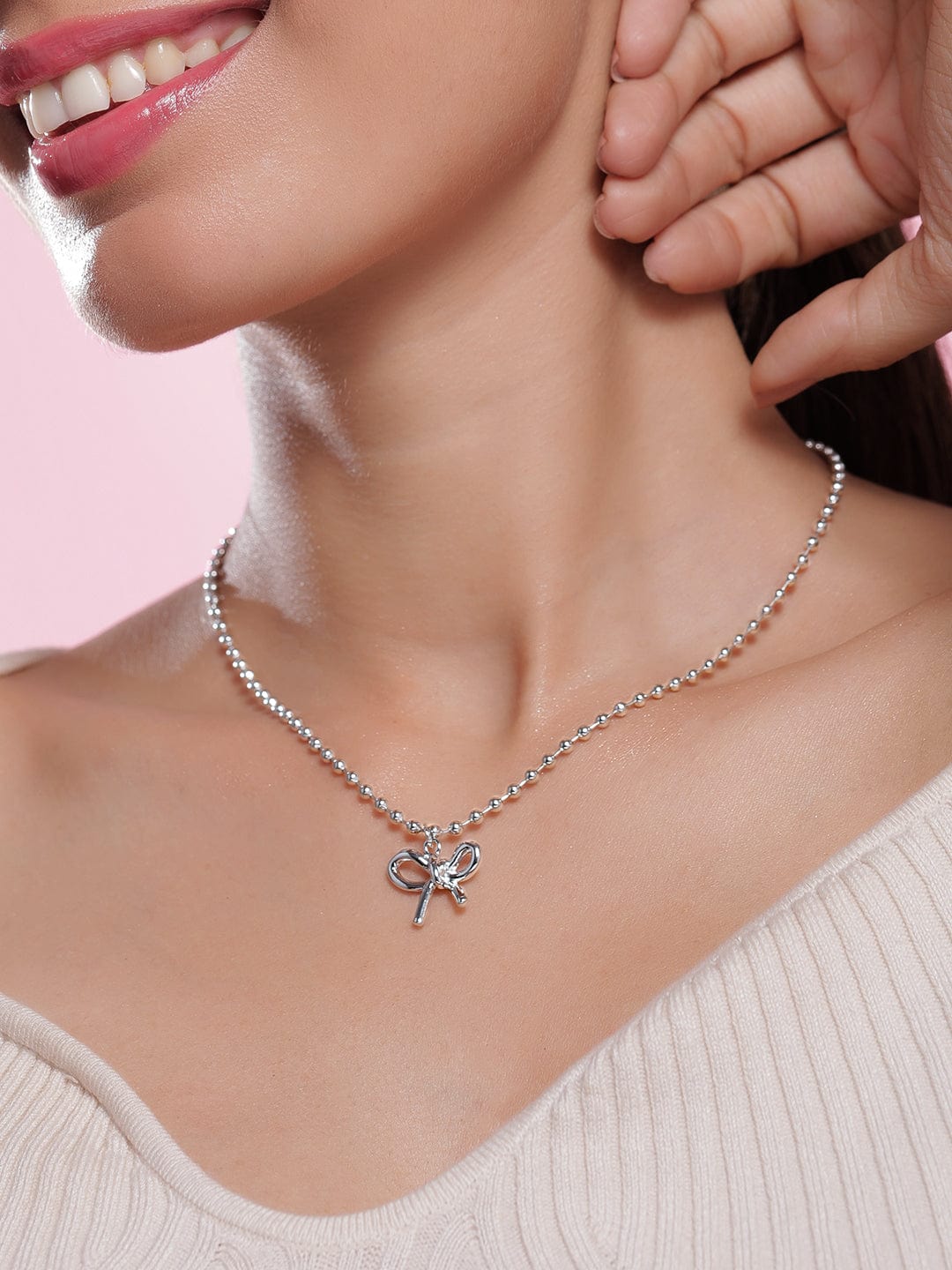 Rubans Rhodium Plated Silver Beaded Chain Necklace with Minimalist Bow Pendant