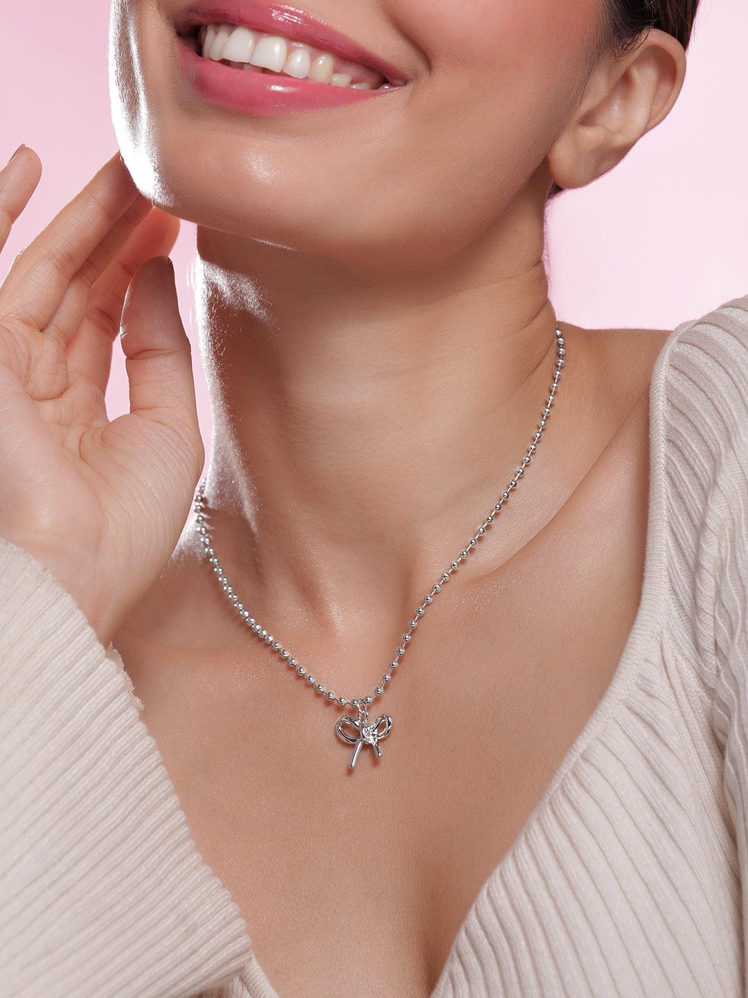 Rubans Rhodium Plated Silver Beaded Chain Necklace with Minimalist Bow Pendant
