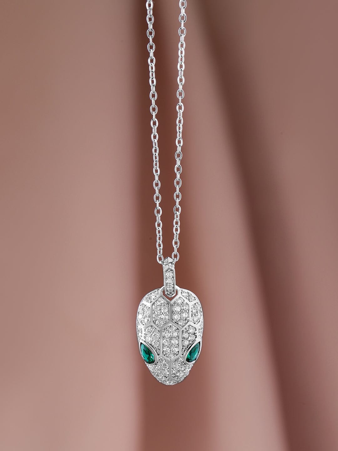 Rhodium Plated Stainless Steel Tarnish-Free Waterproof Emerald & CZ Studded Necklace