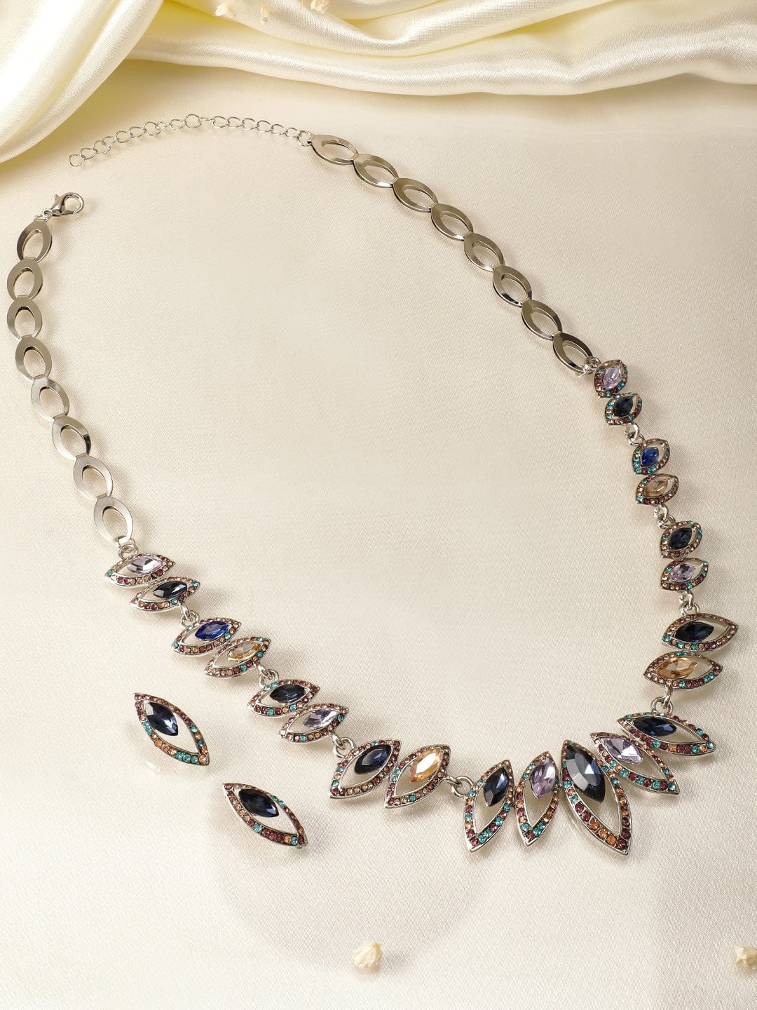 Rhodium-Plated Statement Necklace Set with Multicolor Cubic Zirconia Gemstones