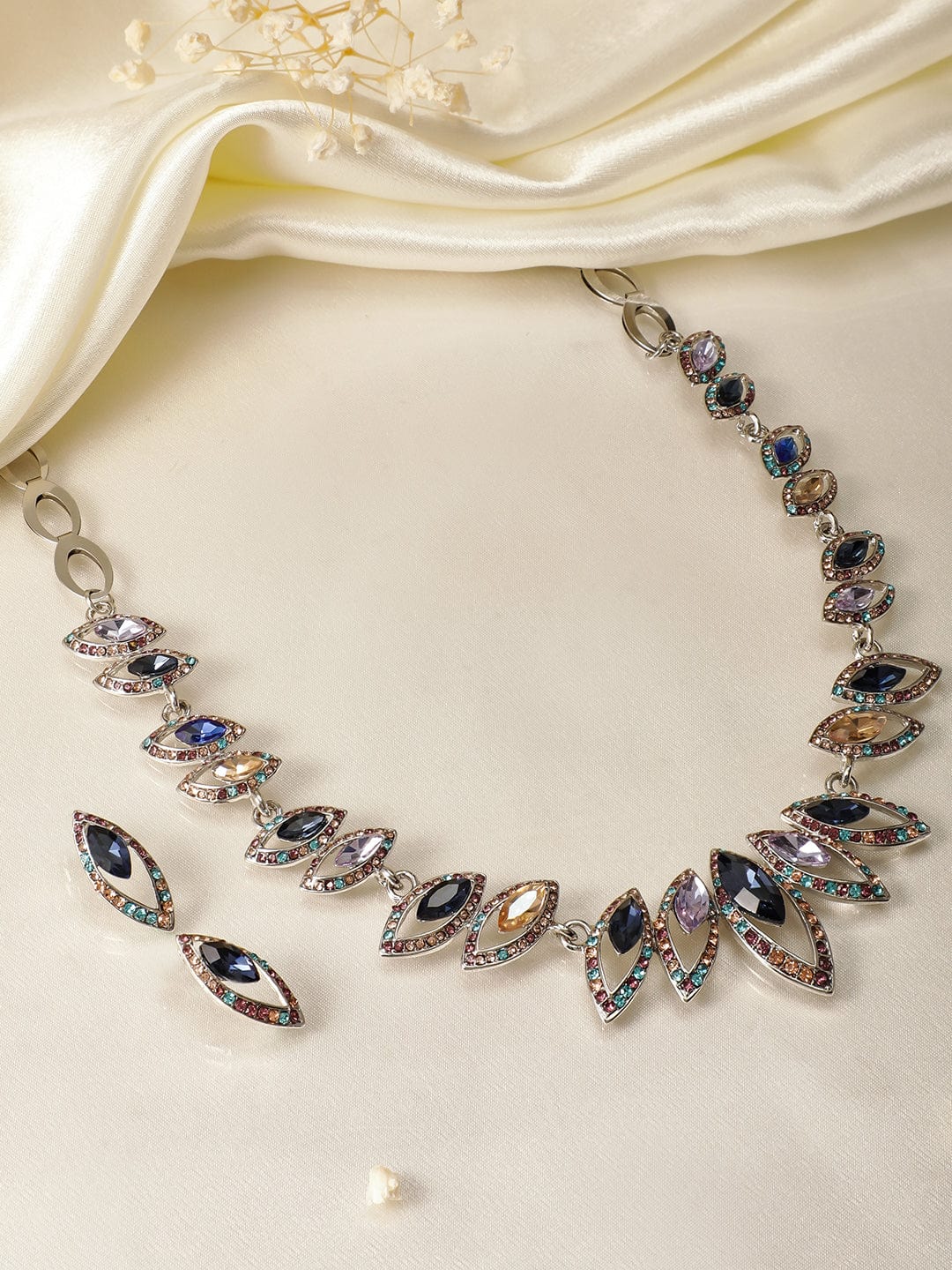 Rhodium-Plated Statement Necklace Set with Multicolor Cubic Zirconia Gemstones